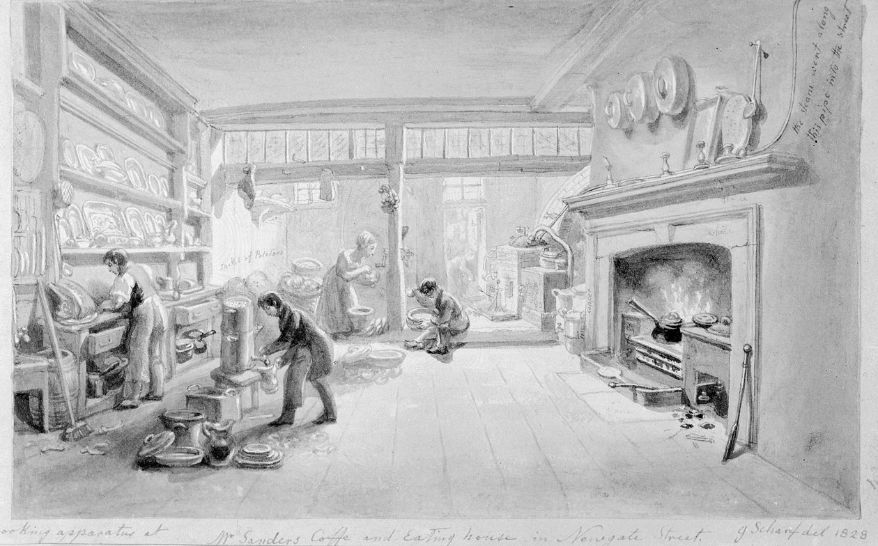 A cozinha do café do Sr. Sander e comendo House, Newgate Street, 1828 de George Snr Scharf
