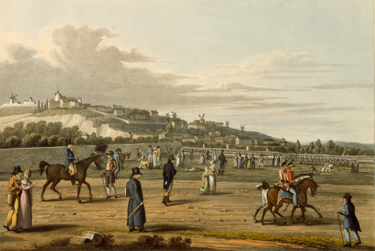 Revista das tropas inglesas em Montmartre pelo duque de Wellington, 21 de outubro de 1815, gravado por M. Dubourg, 1817 de George Snr after Scharf