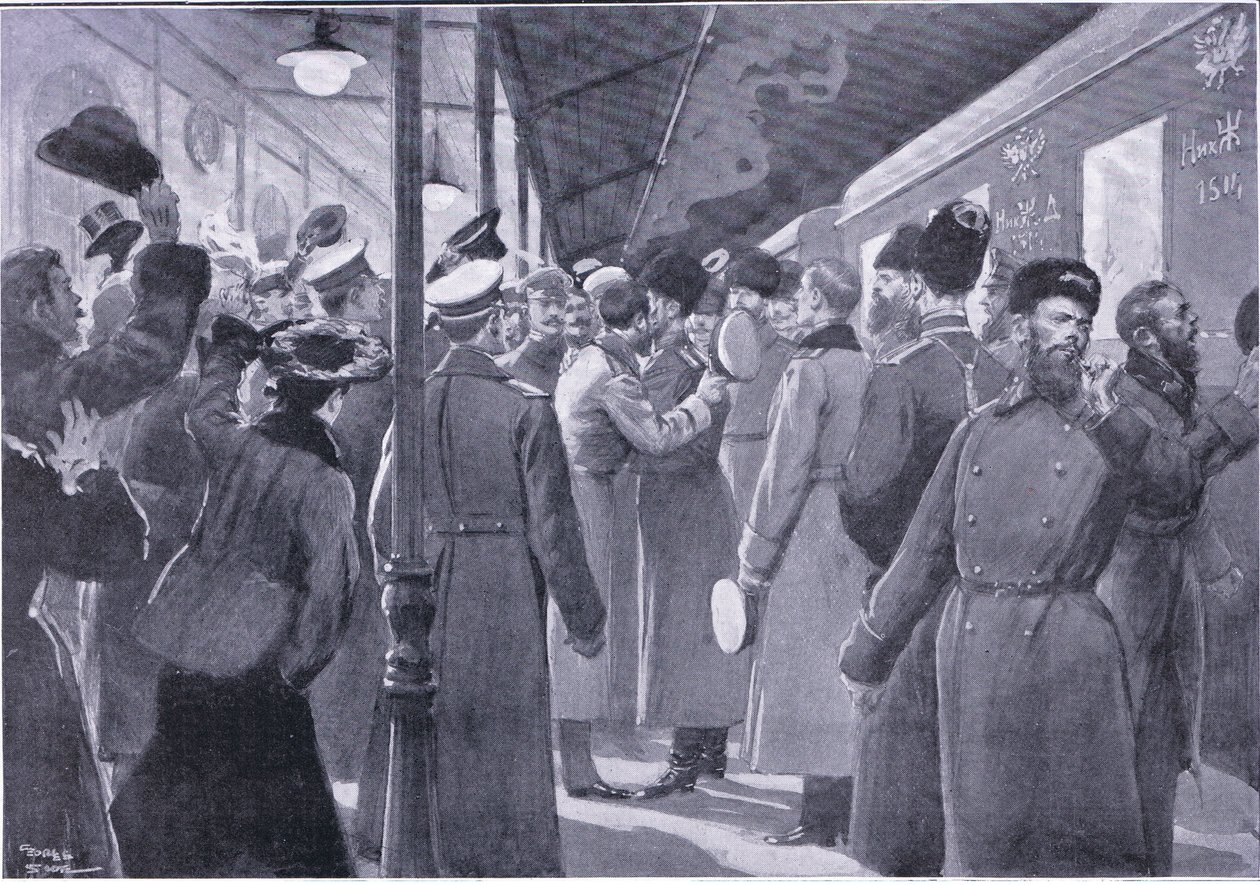 Czar despedindo-se de oficiais da Guarda Imperial, ilustração deCassells História da Guerra Russo-Japonesa vol 1, c.1900 de George Soper