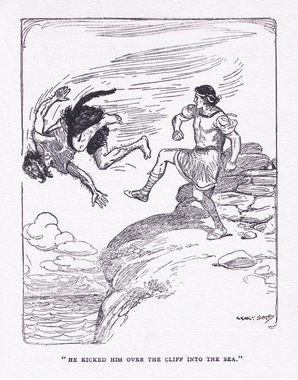 Pontapeou-o sobre o penhasco no mar, de The Heroes publicado por George Allen e Unwin 1929 (cor litho) de George Soper