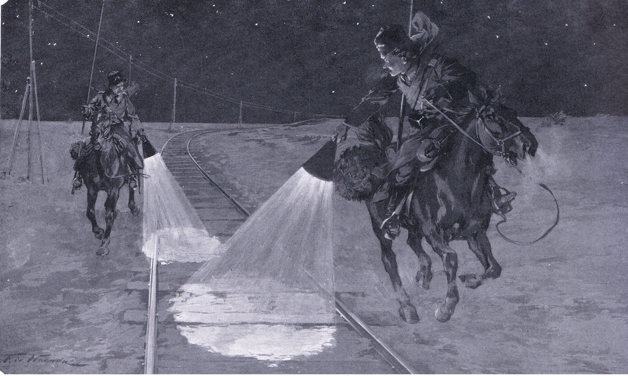 Em uma ferrovia da Manchúria: Patrulha noturna, ilustração deCassells História da Guerra Russo-Japonesa Vol 1, c.1900 de George Soper