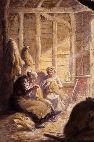 Sacos de Costura no Celeiro (aguarela sobre papel) de George Soper
