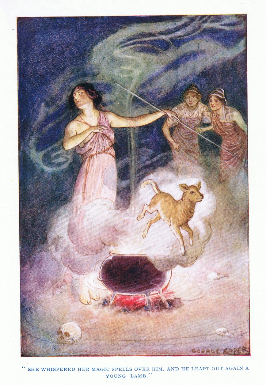 Ela sussurrou seus feitiços mágicos sobre ele, e ele pulou de novo um cordeiro, de The Heroes publicado por George Allen e Unwin 1929 de George Soper