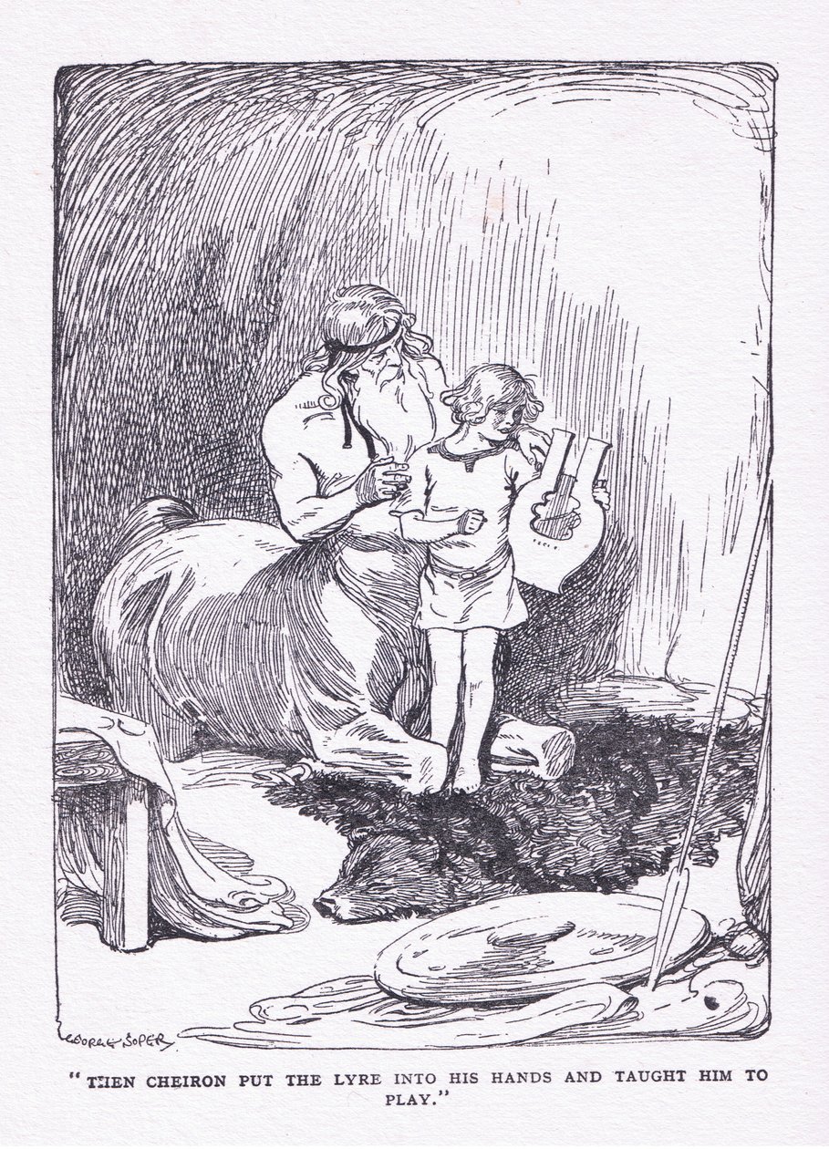 O Cheiron colocou a lira em suas mãos e o trouxe para tocar, de The Heroes publicado por George Allen e Unwin 1929 de George Soper