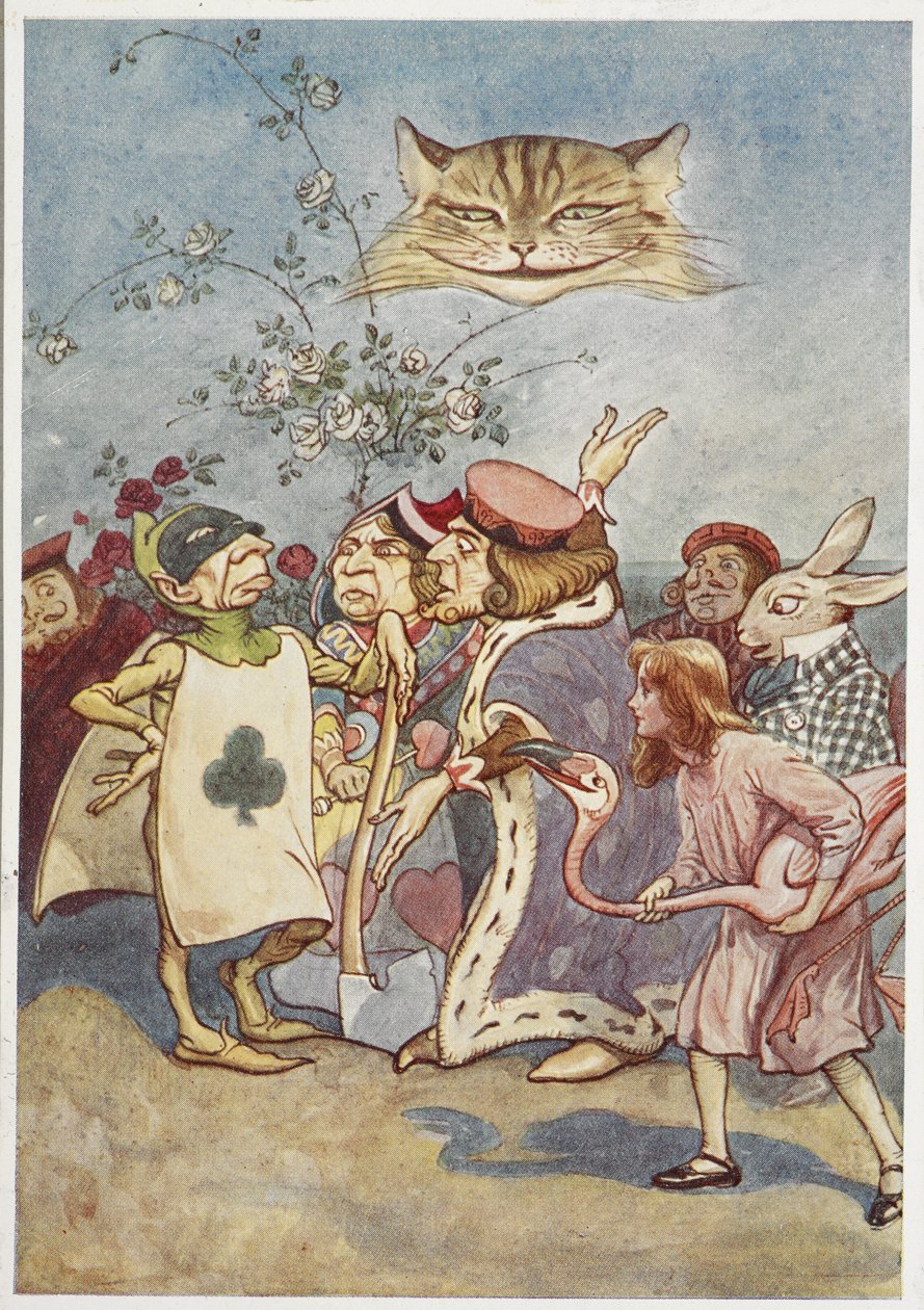O gato de Cheshire a observar a Alice e o executor de cartas de jogo, com outros de George Soper