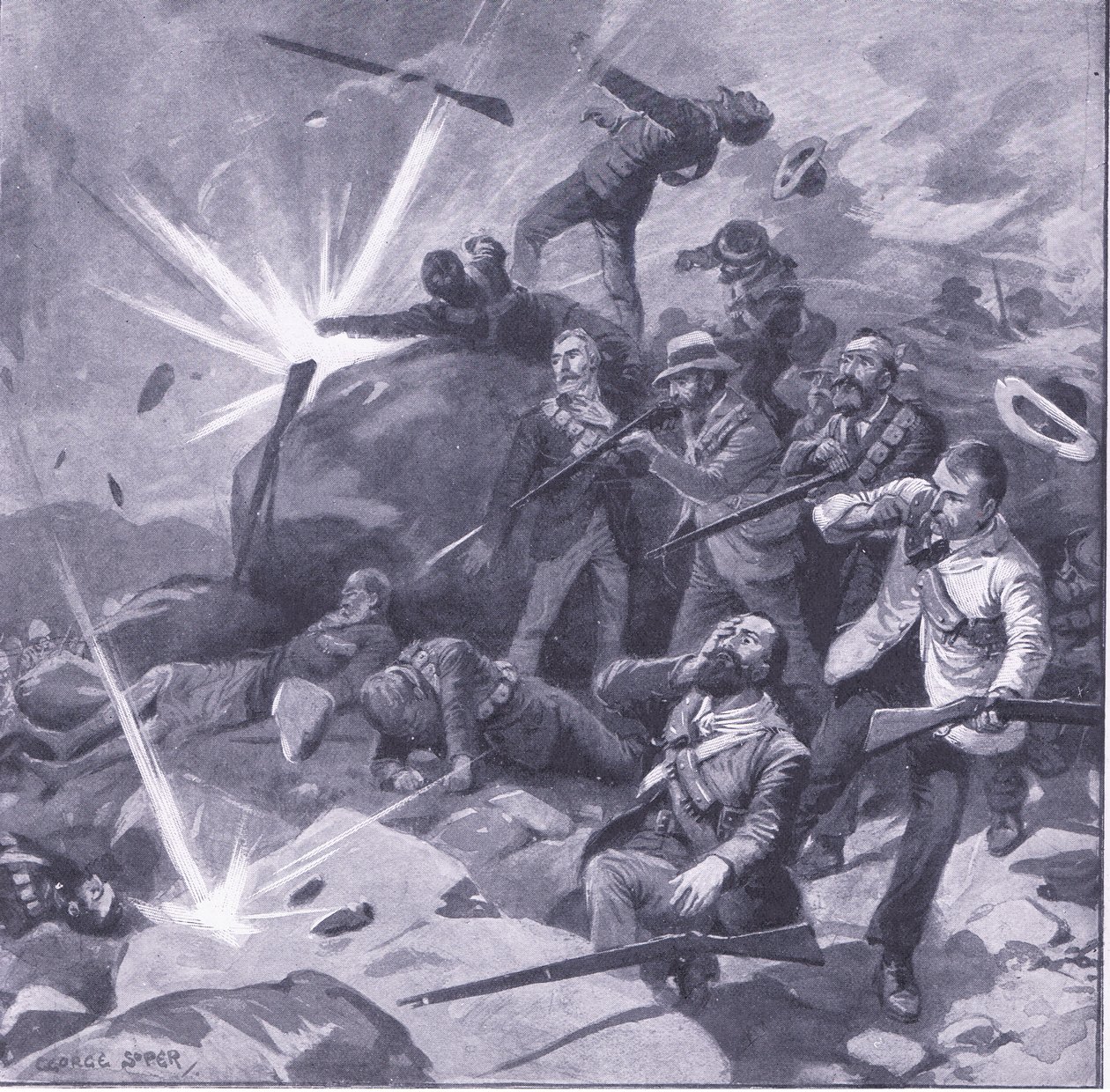 A última posição da polícia de Johannesburg em Bergendal, ilustração de After Pretoria: The Guerilla War, 1902 de George Soper