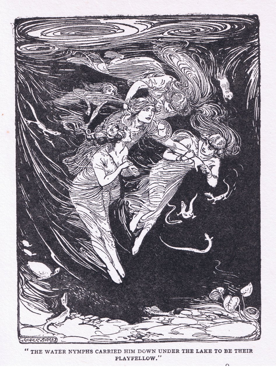 As ninfas da água levaram-no pelo lago até ao seu companheiro de brincadeira, de The Heroes publicado por George Allen e Unwin 1929 (litho) de George Soper