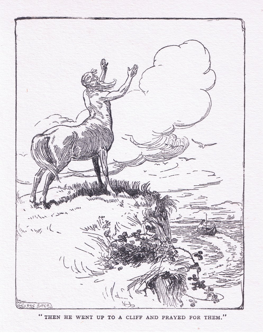 Então ela subiu o precipício e rezou por eles, de The Heroes publicado por George Allen e Unwin 1929 (litho) de George Soper