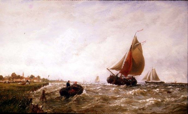 Navegação ao largo de uma linha costeira holandesa de George Stanfield Walters