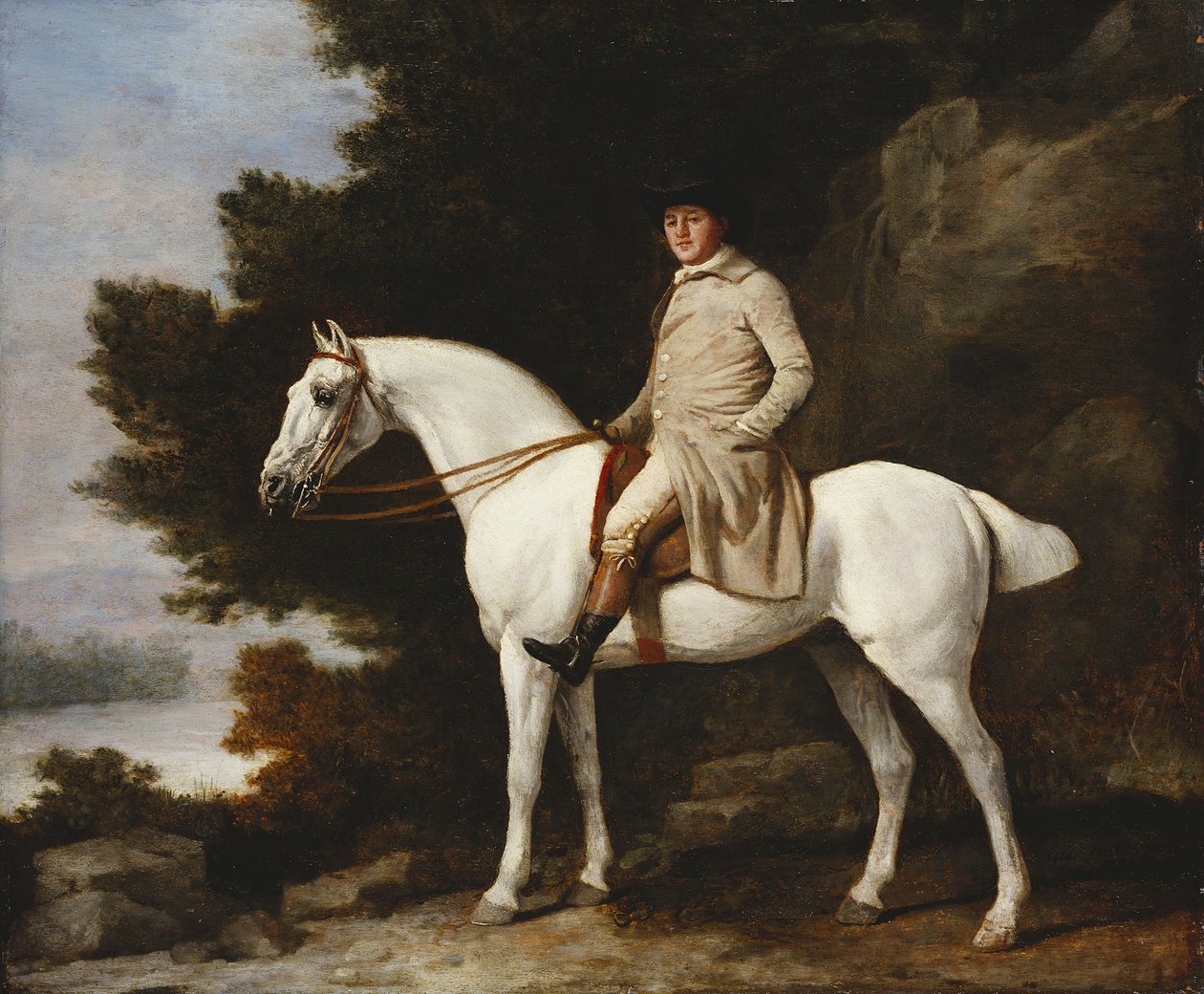 Um cavalheiro em um cavalo cinza em uma paisagem arborizada rochosa, 1781 de George Stubbs