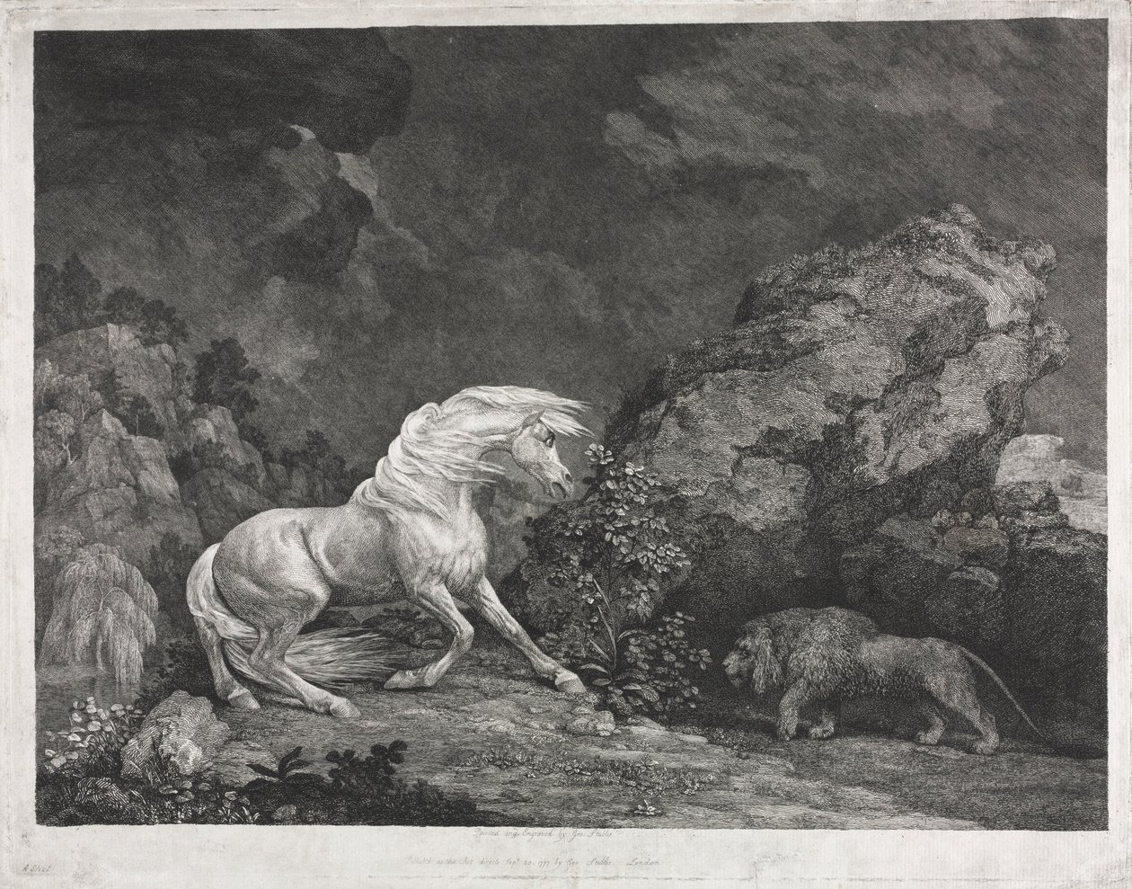 Um cavalo assustado por um leão, 1777. de George Stubbs