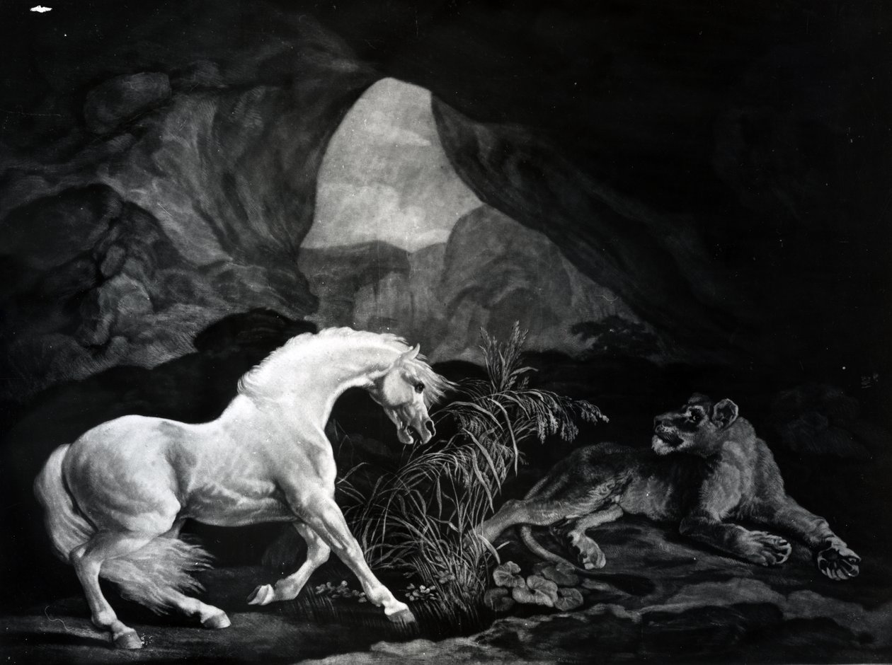 Um cavalo assustado por uma leoa, gravada por Benjamin Green, 1774 de George Stubbs