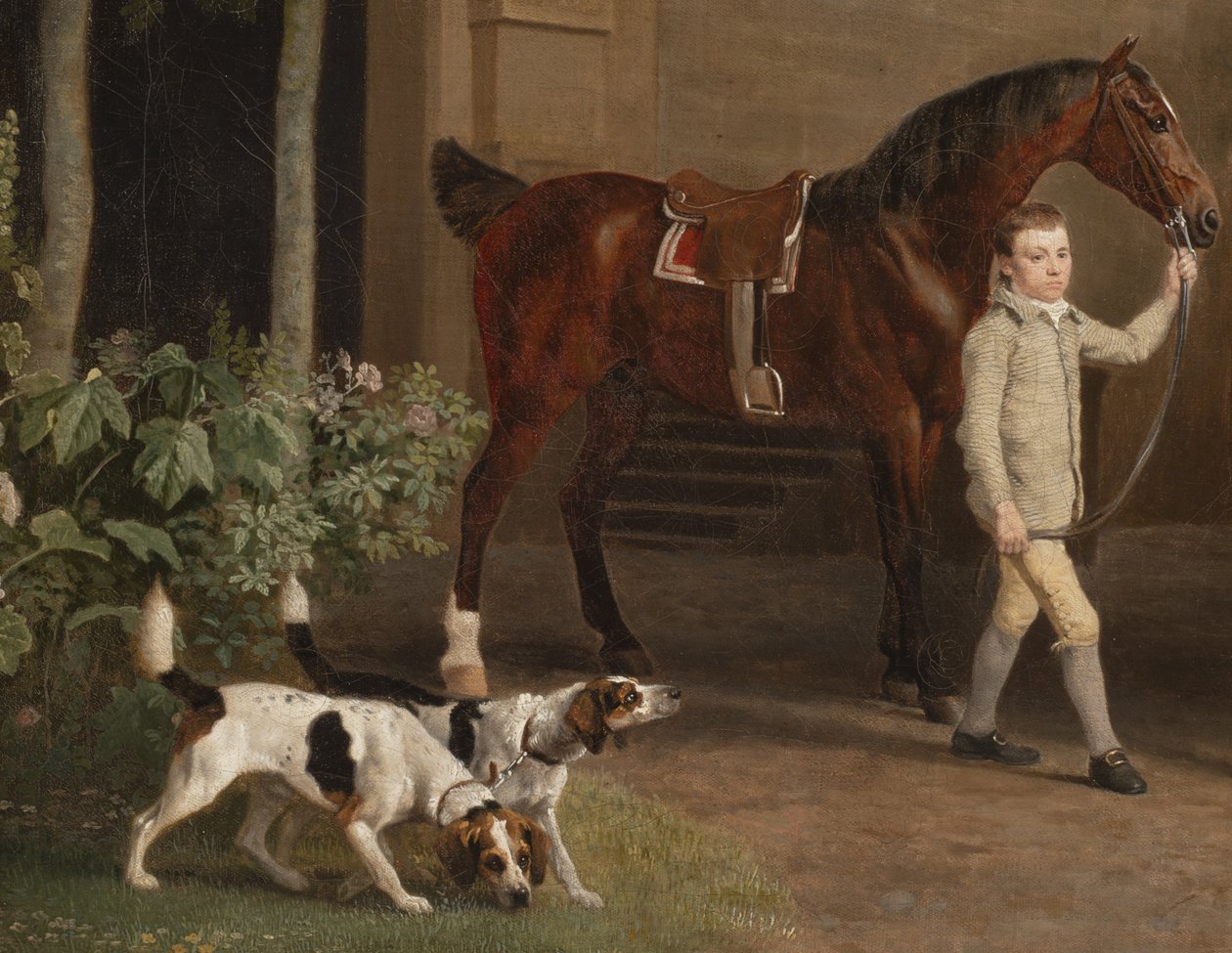 Detalhe de William Henry Cavendish Bentinck, 3º Duque de Portland, em frente aos estábulos da Cavalaria de Welbeck, 1766-7 de George Stubbs