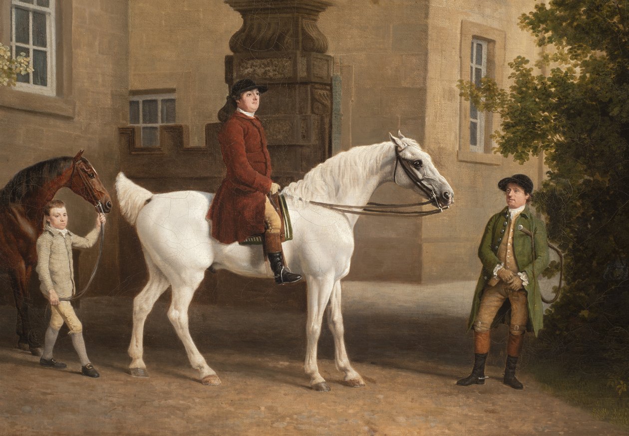 Detalhe de William Henry Cavendish Bentinck, 3º Duque de Portland, em frente aos estábulos da Cavalaria de Welbeck, 1766-7 de George Stubbs