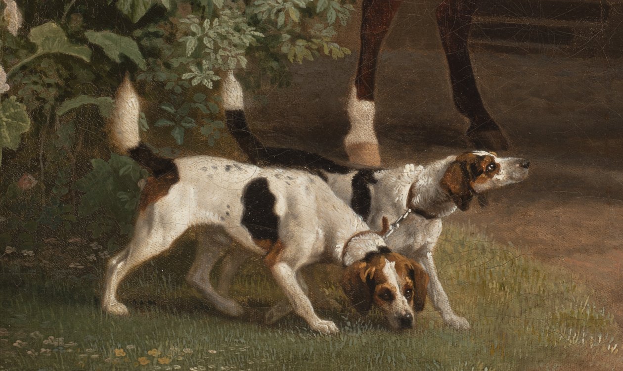Detalhe de William Henry Cavendish Bentinck, 3º Duque de Portland, em frente aos estábulos da Cavalaria de Welbeck, 1766-7 de George Stubbs
