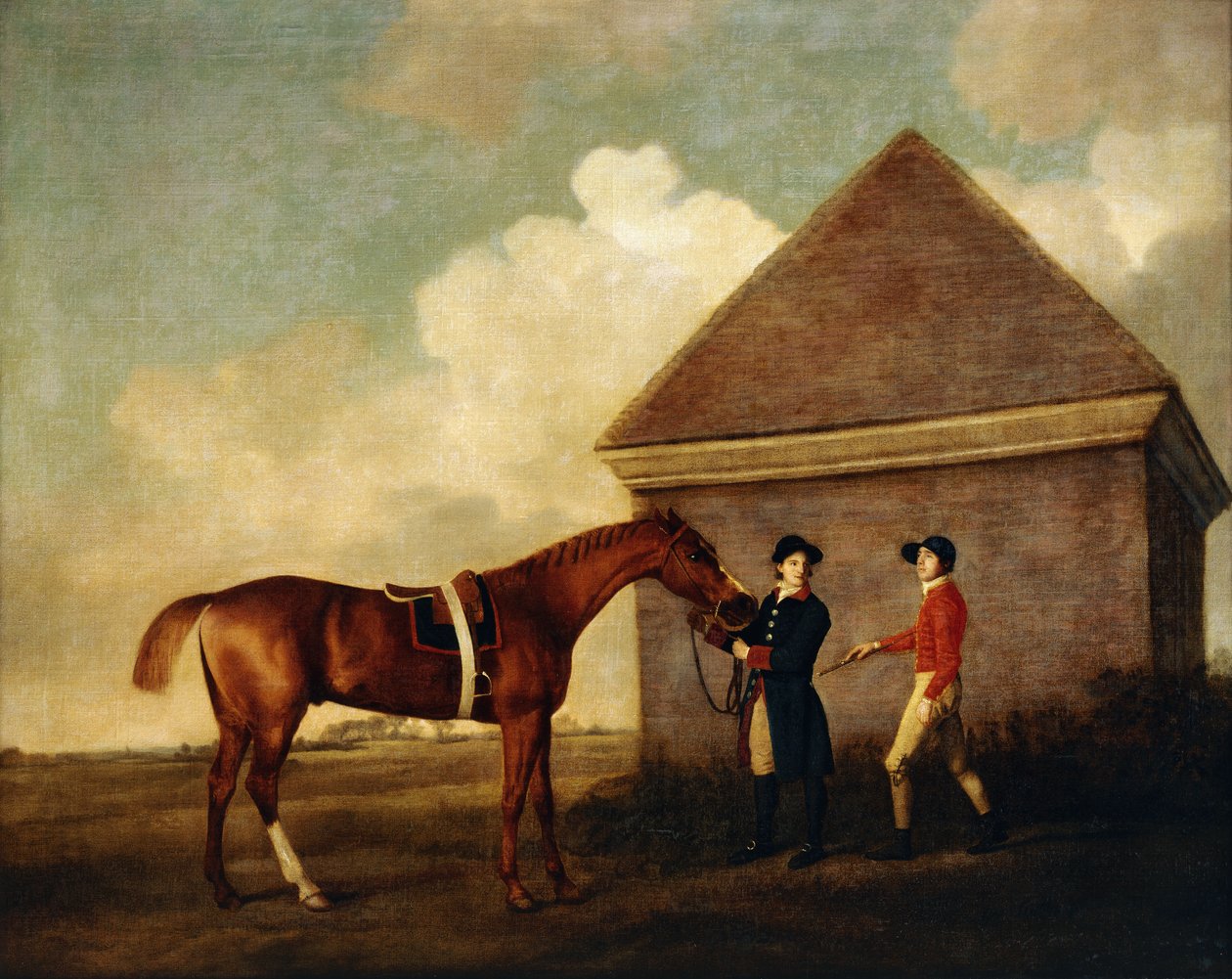 "Eclipse", um cavalo de corrida da castanha escura, mantido por um noivo, com um jóquei, possivelmente Jack Oakley, pela casa Rubbing Down em Newmarket, 1770 de George Stubbs