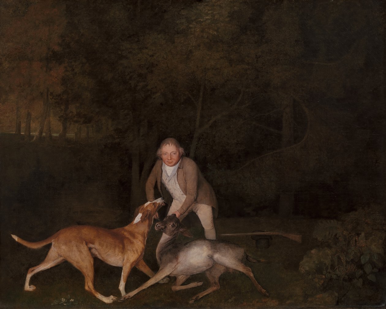 Freeman, guarda-caça do Conde de Clarendon, com uma corça e um cão moribundo, 1800. de George Stubbs