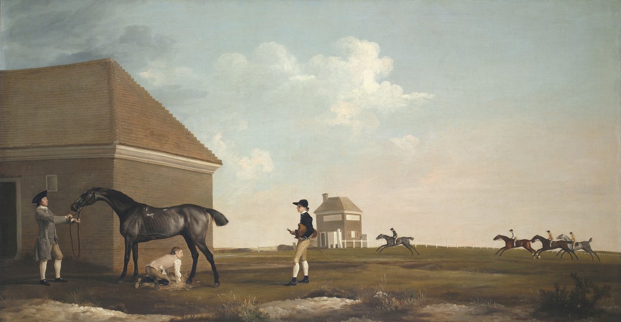 Gimcrack em Newmarket Heath, com um treinador, um rapaz de estábulo e um jóquei, 1765 de George Stubbs