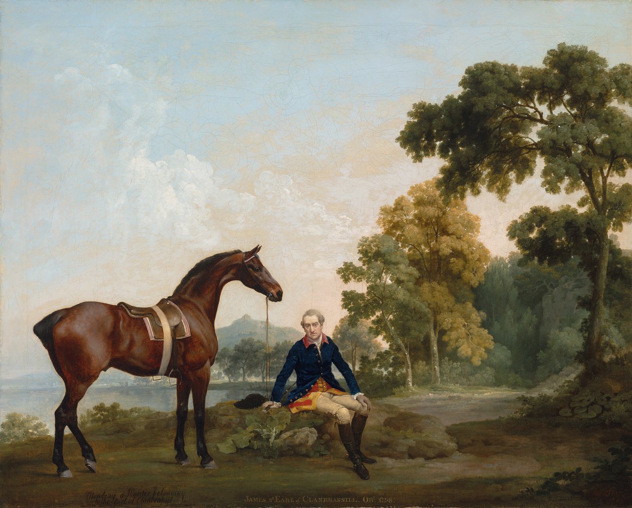 James Hamilton, segundo conde de Clanbrassil (1730-1798), com seu caçador de baios Mowbray, descansando em um caminho arborizado perto de um lago de George Stubbs