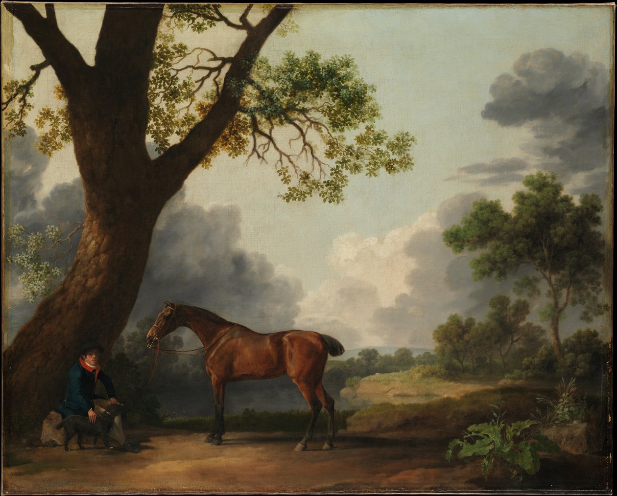 O cavalo de caça do terceiro duque de Dorset com um cavalariço e um cão de George Stubbs