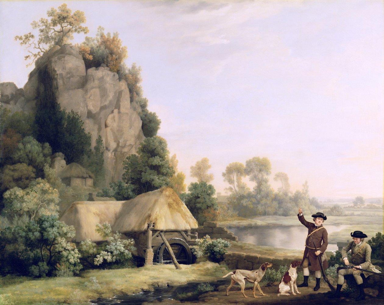 Dois cavalheiros atirando, com vista para Creswell Crags, tomadas na hora (óleo sobre tela) de George Stubbs