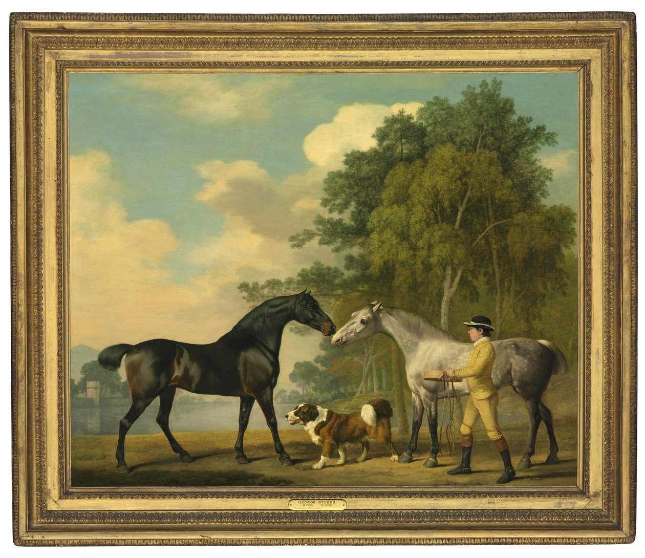 Dois caçadores com um jovem noivo e um cachorro à beira de um lago, 1778 de George Stubbs
