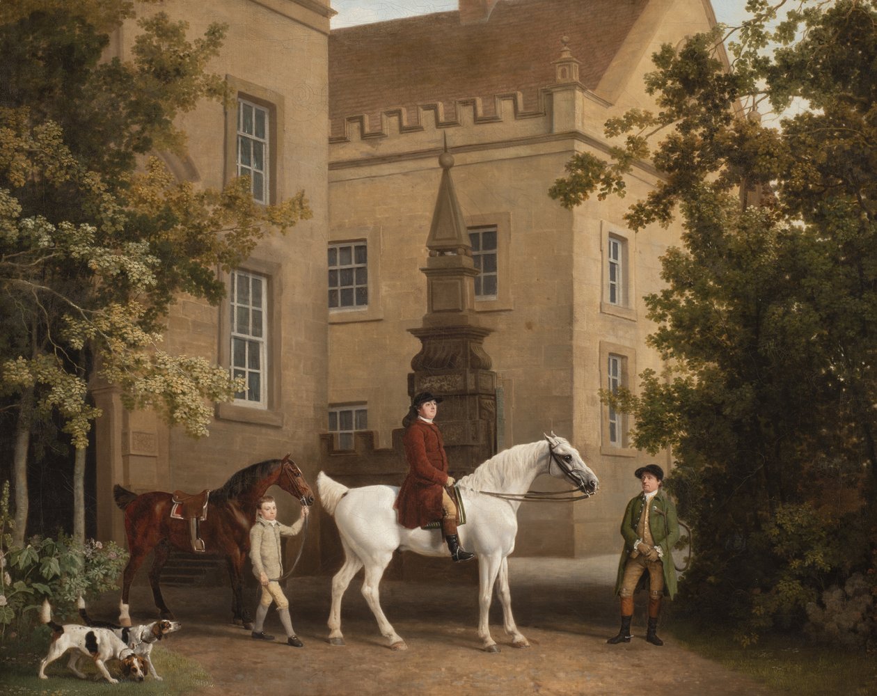 William Henry Cavendish Bentinck, 3º Duque de Portland, em frente aos estábulos da Cavalaria Welbeck, 1766-7 de George Stubbs