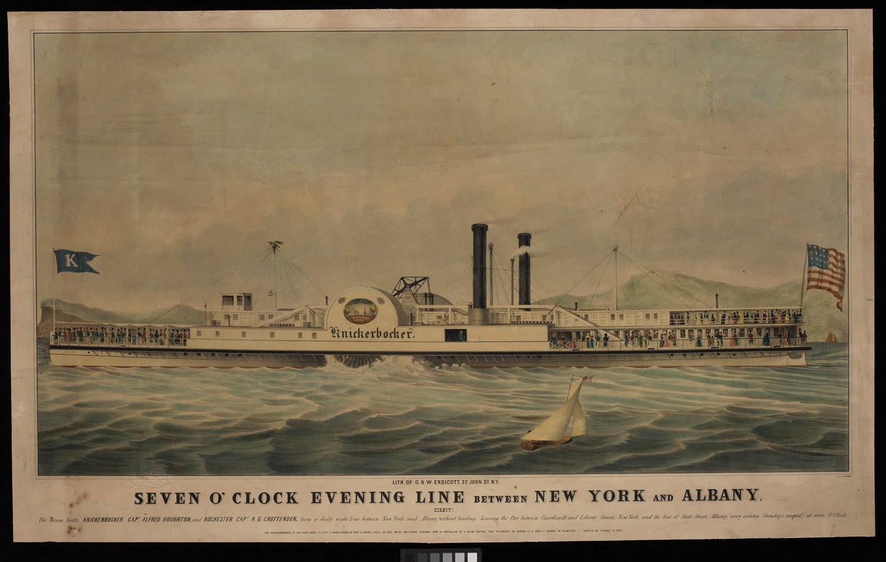 Linha da noite das sete horas entre Nova Iorque e Albany, direta: Os barcos a vapor Knickerbocker... e Rochester..., litografia, a cores, 542 x 881 mm, PAI6613 de George T. (after) Sanford