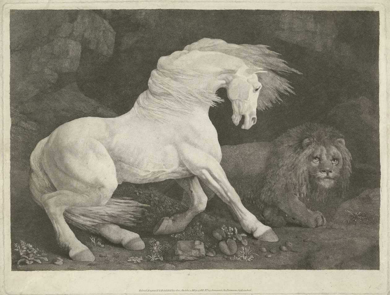O cavalo e o leão, 1770 (mezzotint) de George Townley Stubbs