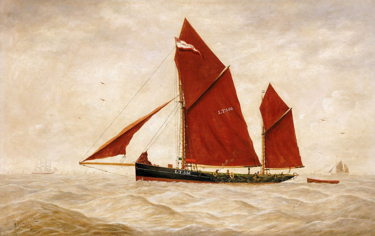 Um arrastão de pesca da Lowestoft Company, com as suas velas vermelhas características. Óleo sobre tela de George Vempley Burwood