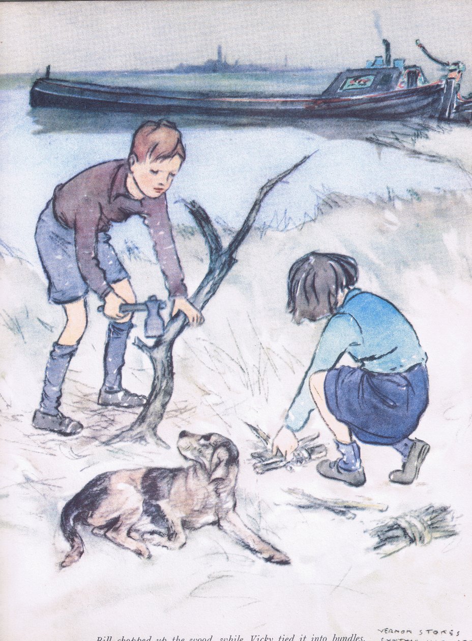 Bill cortou a madeira, enquanto Vicky a amarrou em feixes, de Mudlarks publicado por Collins de George Vernon Stokes