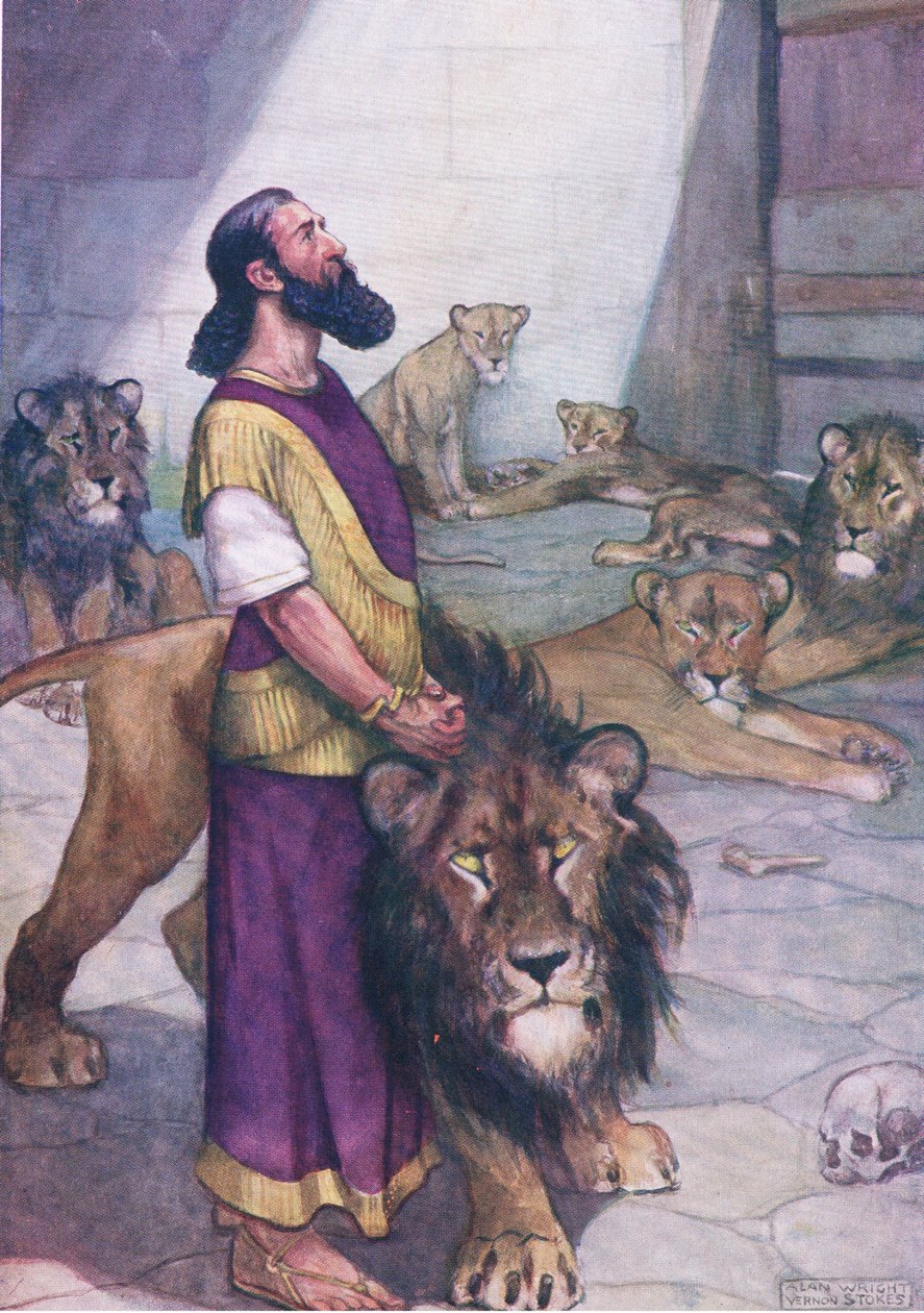 Daniel na cova dos leões, de The Bible Picture Book publicado por Thomas Nelson, c.1950 (litografia) de George Vernon Stokes