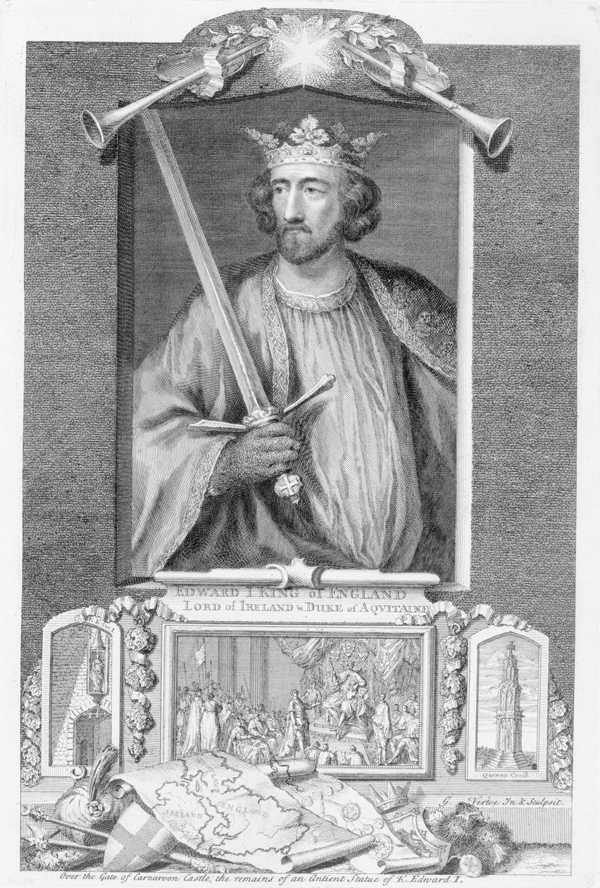 Eduardo I (1239-1307) Rei da Inglaterra de 1272, depois dos restos de uma estátua, gravada pelo artista (gravura) de George Vertue