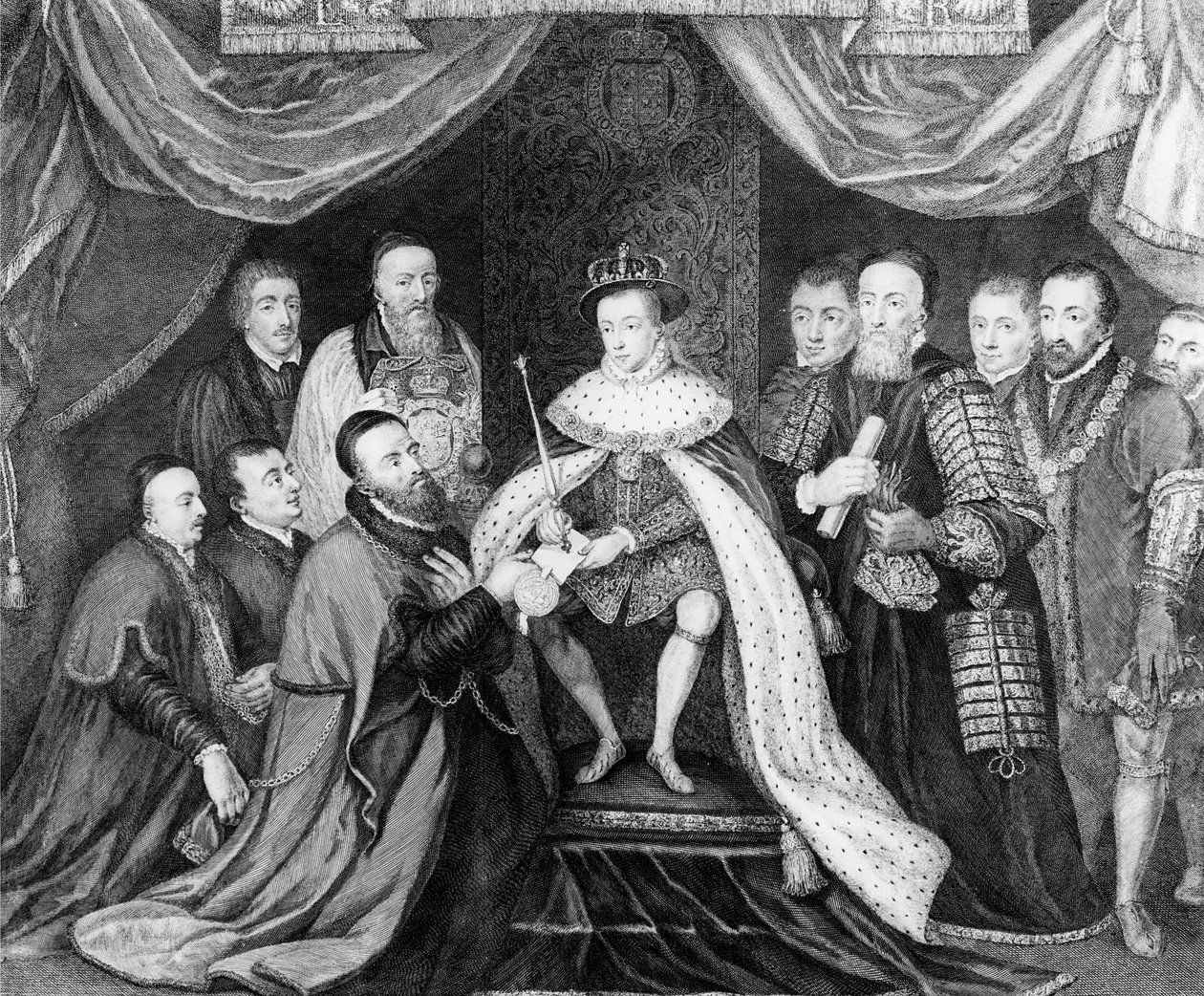 Edward VI concedendo a Carta do Hospital Bridewell para Sir George Barnes em 1553, publicada em 1750 de George Vertue