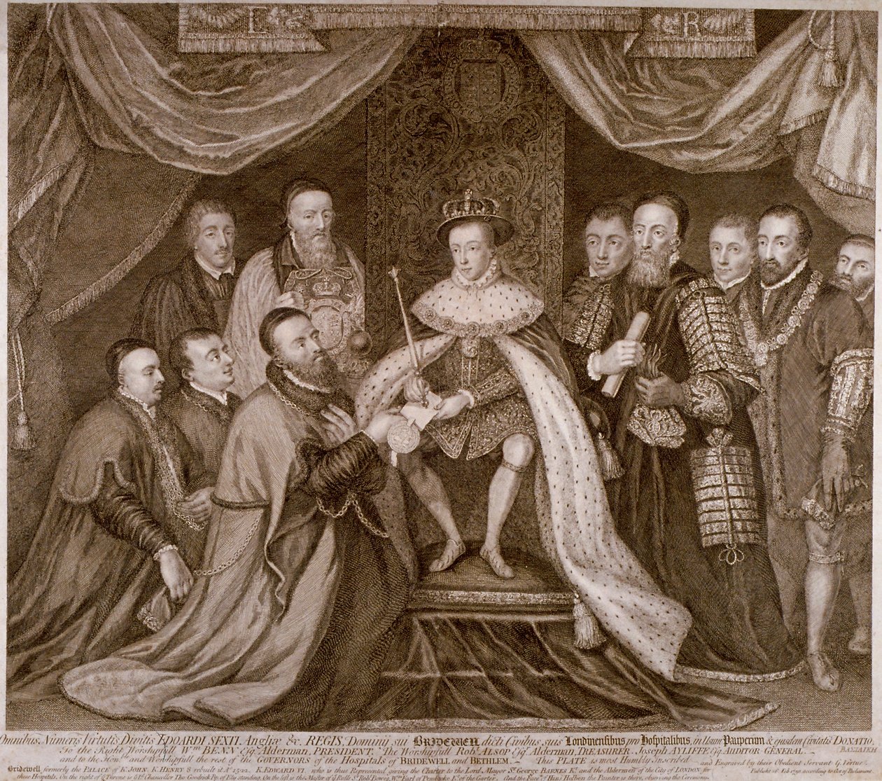 Edward VI assinando uma carta dando Bridewell à cidade de Londres para um workhouse, 1552 1750 de George Vertue