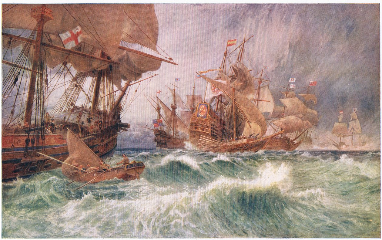 A convocação para se render: um incidente no ataque da grande Armada de 1588, da História dos Povo Britânico de Cassells, publicada pela Waverley Book Company, c.1950s de George Vicat Cole