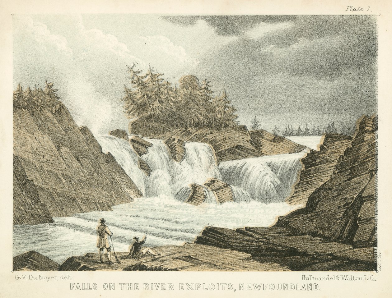 Quedas no rio Exploits, Terra Nova (gravura a cores) de George Victor Du Noyer