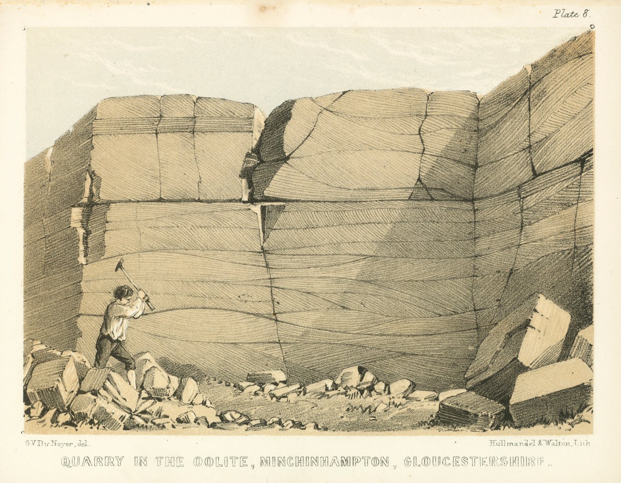 Pedreira em Oolite, Minchinhampton, Gloucestershire (gravura a cores) de George Victor Du Noyer