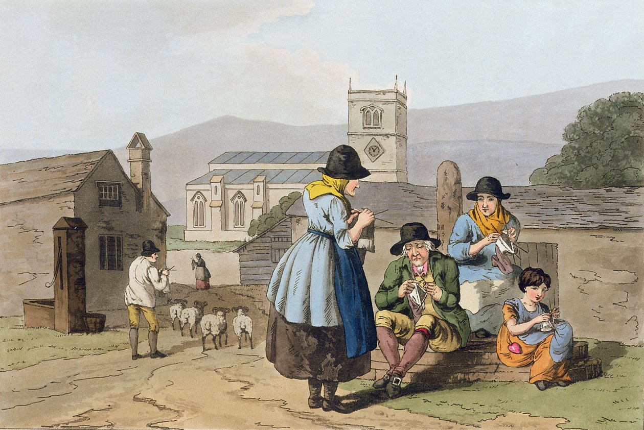Knitters Wensleydale, de "Traje de Yorkshire", gravado por Robert Havell (1769-1832) 1814 de George Walker