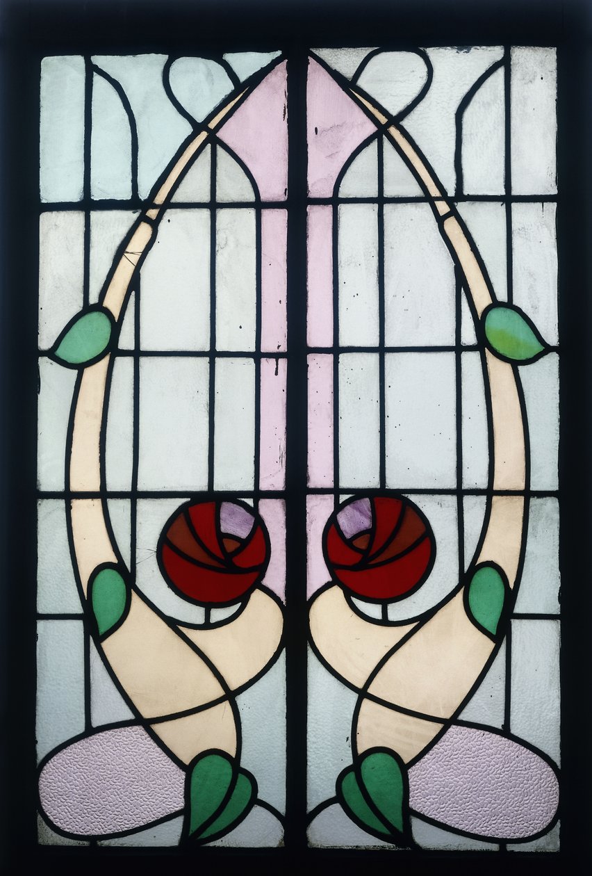 Um painel de vitral representando rosas estilizadas (vitral com chumbo, moldura de madeira) de George Walton