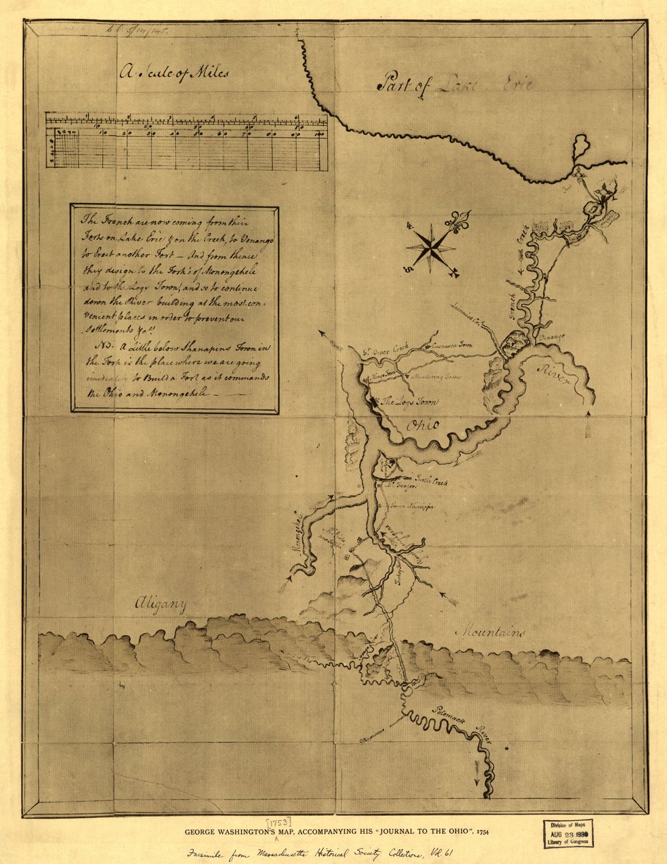 Mapa de George Washington, que acompanha o seu "diário para o Ohio", 1754. LOC 99446116 de George Washington