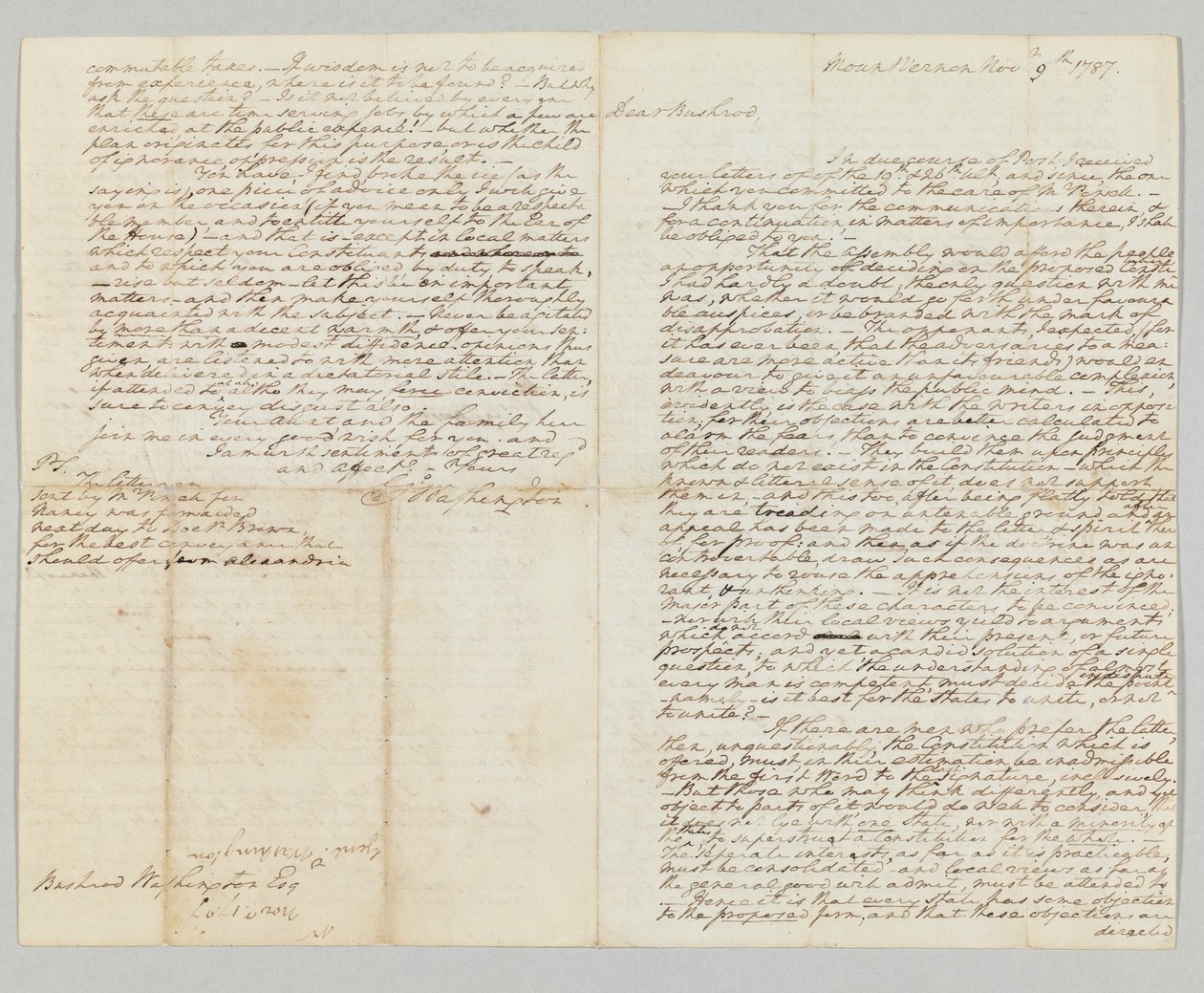 &39;O poder sob a constituição sempre estará com o povo&39;, carta autografada assinada para Bushrod Washington, 9 de novembro de 1787 (caneta e tinta no papel) (ver também 490373) de George Washington