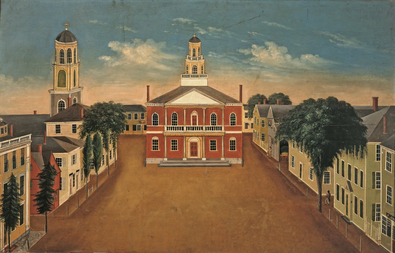 Prancha de fogo representando uma vista da Court House Square, Salem de George Washington Felt