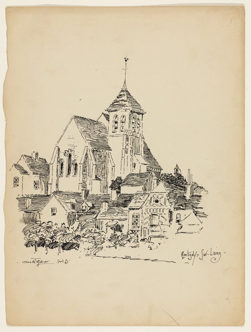Igreja em Montigny-Sur-Loing, França, esboço de viagem de George Washington Maher