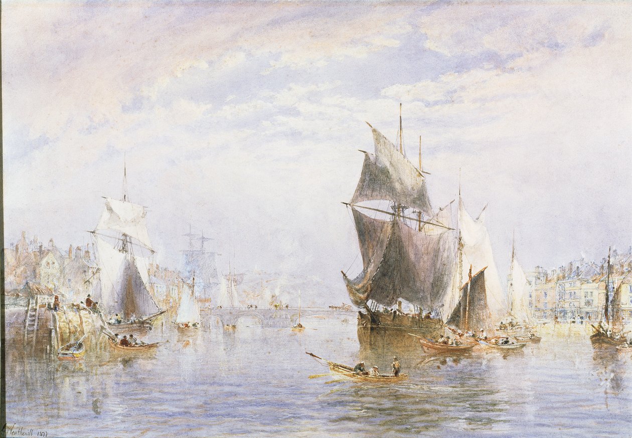 Pequena embarcação no rio em Whitby por Whitby Bridge, 1877 (wc e riscar) de George Weatherill