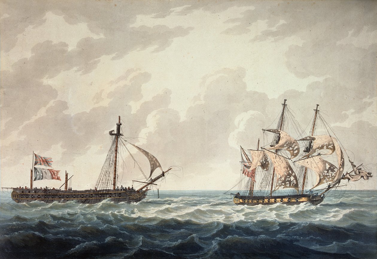 O Sloop de Sua Majestade, Bonne Citoyenne, levando a fragata francesa La Furieuse, a reboque, após a ação de 6 de julho de 1809, gravada por R und D Havell, publicada por Robert Cribb em 1810 de George Webster