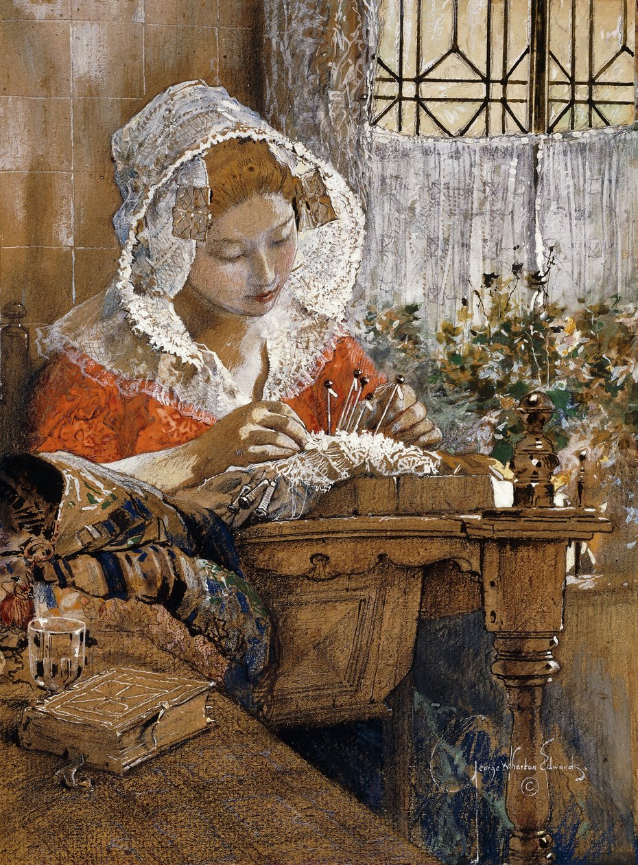 The Flemish Lacemaker, c.1925 (guache, pastel e lápis sobre papel castanho) de George Wharton Edwards