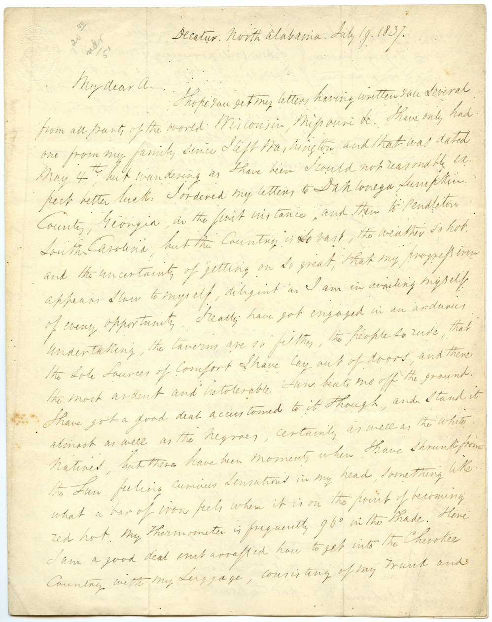 Carta incompleta [de G.W. Featherstonhaugh], Decatur, NC, ao Coronel Abert [John James Abert], 19 de julho de 1837 de George William Featherstonhaugh