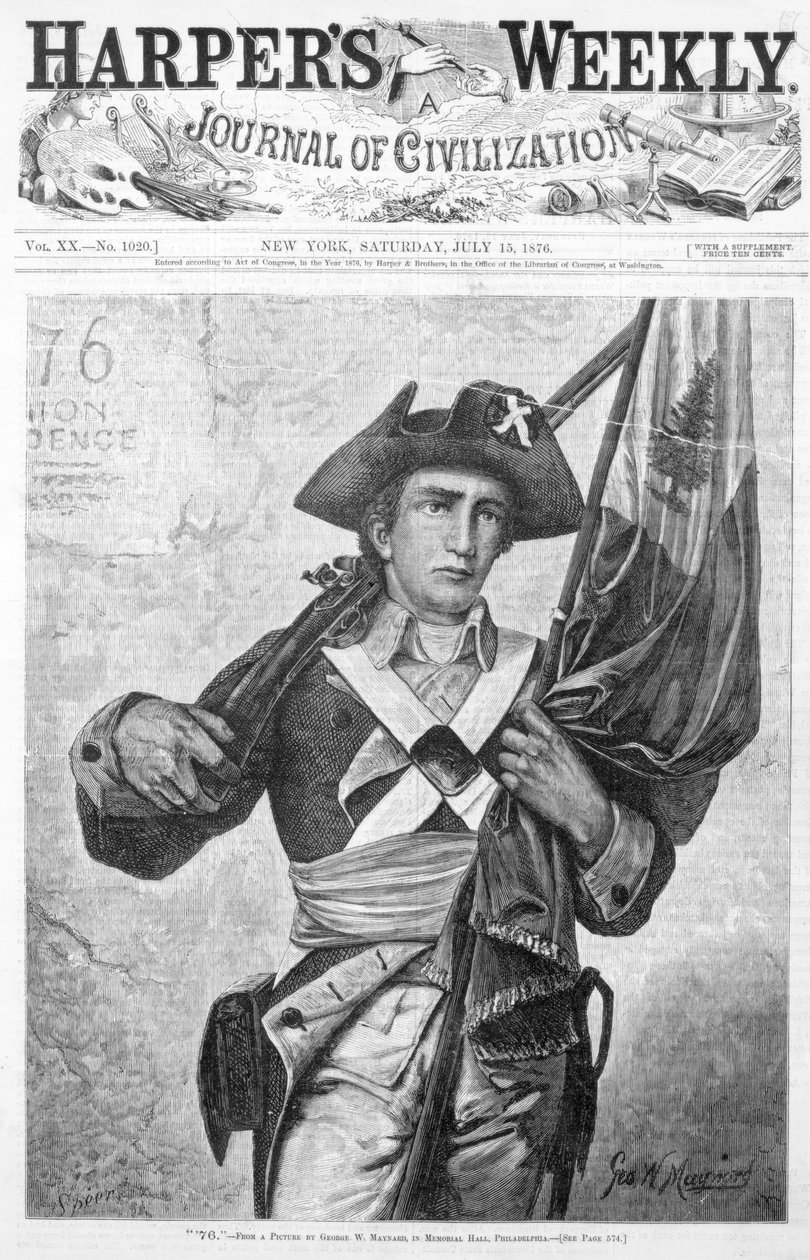 &39;76&39; Minuteman ou Continental Soldier segurando uma bandeira de mosquete, capa de &39;Harpers Weekly, um jornal de civilização&39;, gravado por Speer, Nova York, 15 de julho de 1876 de George Willoughby Maynard