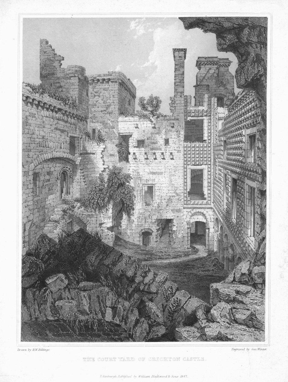 O pátio do castelo de Crichton, c1847. de George Winter